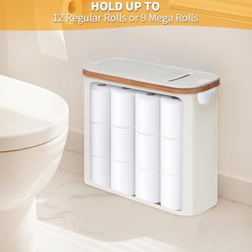 efluky Toilet Paper Storage and Holder 2 in 1, Toilet Paper Storage with Lid for Bathroom 28L, Free Standing Holder Organizer Holds Up to 9-12 Rolls, Beige