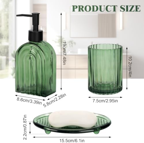 Bathroom Accessories Set, 4Pcs Glass Bathroom Accessories Set Complete, 13.5OZ Lotion Soap Dispenser, Toothbrush Holder, Mouthwash Cup, Soap Dish for Bathroom Decor, Countertop Organizer (Green)