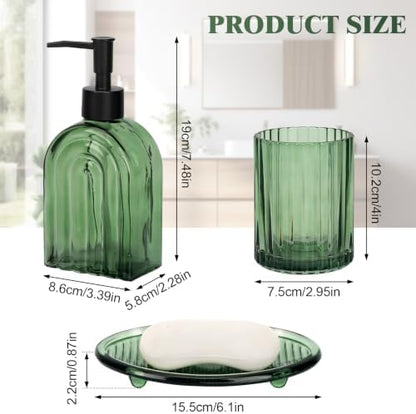 Bathroom Accessories Set, 4Pcs Glass Bathroom Accessories Set Complete, 13.5OZ Lotion Soap Dispenser, Toothbrush Holder, Mouthwash Cup, Soap Dish for Bathroom Decor, Countertop Organizer (Green)