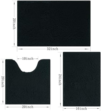 Bathroom Rugs Sets 3 Piece Non Slip,Bath Rugs with PVC Backing Bath Carpet,Bathroom Rug Washable,Absorbent,Plush Carpet Mats,Bath Mats for Bedroom, Kitchen,Tub,Home Decor (Black)