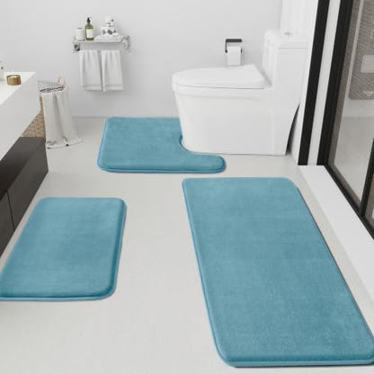 HUXMEYSON Bathroom Rugs Sets 3 Piece, Non-Slip & Quick Dry Bath Mat Set, Ultra Soft Velvet Bath Rugs for Bathroom, Toilet and Shower Floor, Lake Blue
