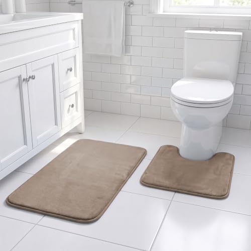 H.VERSAILTEX Bath Mat Memory Foam Bathroom Rug Flannel Velvety Luxury Extra Soft and Absorbent Non Slip Rugs for Bathroom/Bedroom Washable (Curved Set 20"x 32" Plus 20"x 20"U, Taupe)