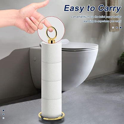NearMoon Bath Toilet Paper Holder Stand, Freestanding Tissue Paper Storage with Reserve, Space Toilet 4 Rolls Holder for Bathroom/Kitchen Countertop-All Metal (1 Pack, Chrome Gold)