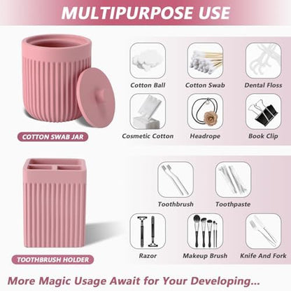 XLHOMO Resin Pink Bathroom Accessories Set 5 Pcs, Lotion Soap Dispenser, Toothbrush Holder, Bathroom Tumbler, Qtip Holder and Vanity Tray, Bathroom Countertop Organizer Set for Modern Home Apartment