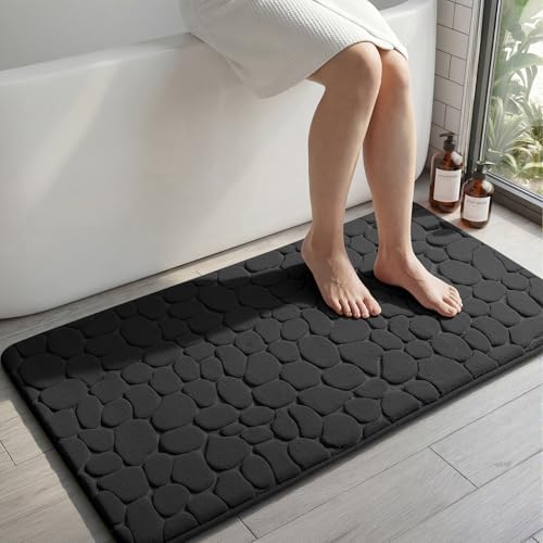 YIHOUSE Memory Foam Runner Rug, Cobblestone Bathroom Runner Rugs Super Water Absorbent Bath Mats for Bathroom Machine Washable Bath Rugs for Hallway Bedroom Laundry Room(26 x 50,Black)