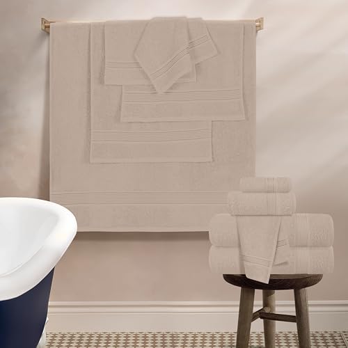 Belizzi Home 100% Cotton Towel Set, Contains 6 Soft Bath Towel, 6 Hand Towels, 12 Wash Cloths - Compact Absorbent Lightweight & Quickdry Towels for Bathroom - 24 Piece Bathroom Towel Set - Tan