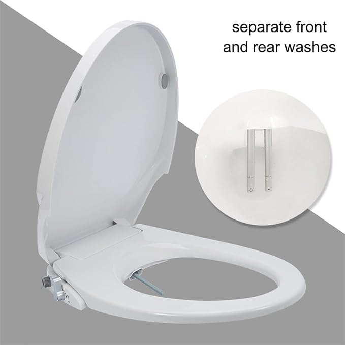 Non-Electric Bidet Toilet Seat Attachment with Dual Nozzles, Quiet Slow Close Toilet Seat, Adjustable Water Pressure, Easy Installation (Round)