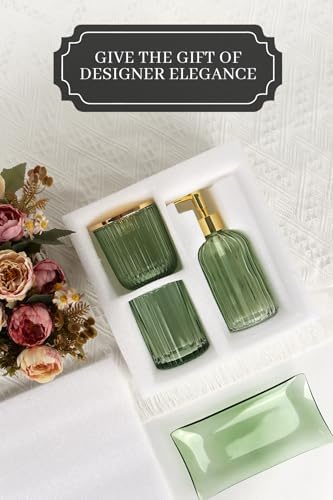 Designer Green Glass Bathroom Accessories Sets - 4 Pcs with Lotion Soap Dispenser, Bathroom Toothbrush Holder, Vanity Tray, and Apothecary Jar, Vintage Bathroom Decor