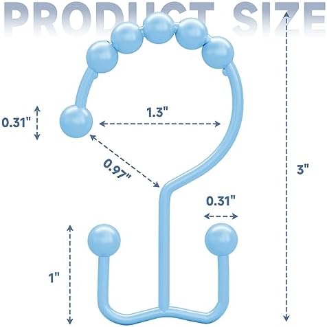Titanker Shower Curtain Hooks, Rust Resistant Shower Curtain Rings for Bathroom, Metal Double Glide Shower Hooks Hangers for Bathroom Shower Rods Curtains, Set of 12 Hooks - Blue