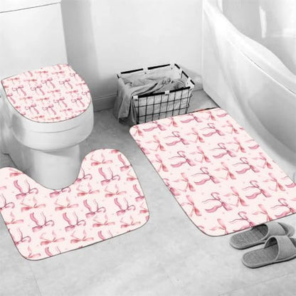 AZHM 4pcs Polka-Dot Bow Bathroom Shower Curtain Set with Rugs and Hooks