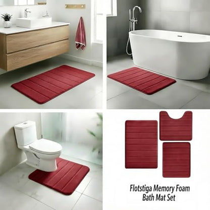 Memory Foam Bath Mat Set 3 Piece，Super Soft Absorbent Bathroom Rug Non Slip, Quick Dry,Machine Wash, Perfect Plush Bathroom Rugs,Home Decor Accessories,Burgundy