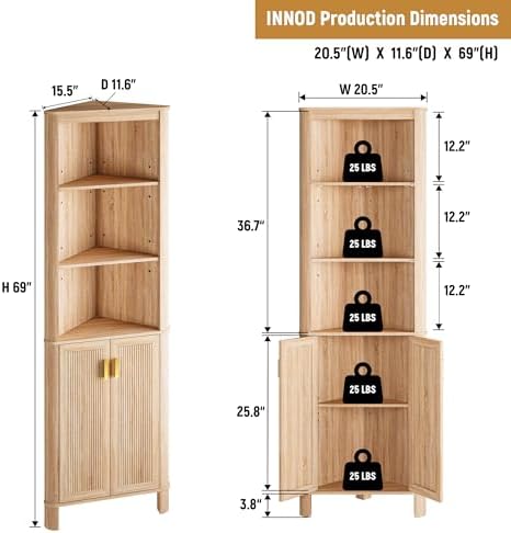 INNOD 69" Tall Corner Shelf with Doors, 6-Tier Corner Storage Cabinet with Doors, Space Saver Shelf for Bathroom, Bathroom Floor Cabinet for Living Room Kitchen, Hallway