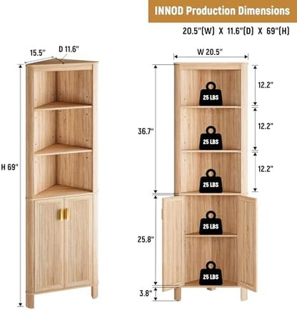INNOD 69" Tall Corner Shelf with Doors, 6-Tier Corner Storage Cabinet with Doors, Space Saver Shelf for Bathroom, Bathroom Floor Cabinet for Living Room Kitchen, Hallway