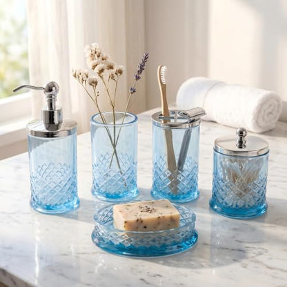 JKE Bathroom Accessories Set, 5-Piece Set with Vintage-Style Thick Glass Soap Dispenser, Toothbrush Holder, Soap Dish, and Cotton Swab Jar, Suitable for Bathroom Countertops, Blue