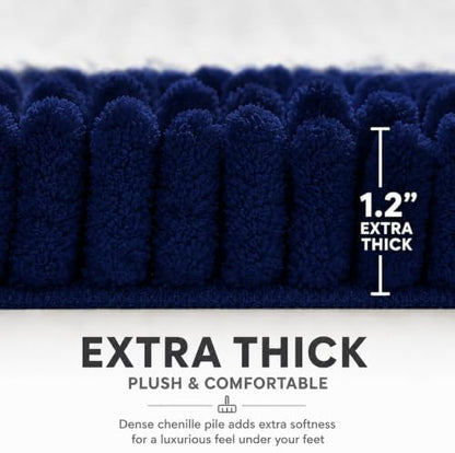 Bathroom Rugs Sets 2 Piece,Super Absorbent Soft,Thick,Machine Washable Chenille Bath Mat,Non Slip Toilet Floor Rug,Bath Mats for Bathroom,20x32 Plus 20x20 U Shape,Navy Blue