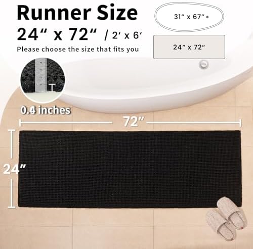 Long Black Bathroom Rug, Waffle Bath Mat Runner Non Slip, 24 x 72