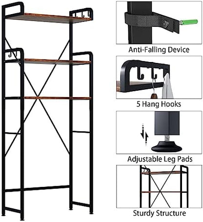 Huhote Over The Toilet Storage Rack with 3-Tier Bathroom Shelves, Space Saver Toilet Shelf, Bathroom Storage Organizer with Hooks for Over Toilet Storage and Shelf (Rustic Brown)