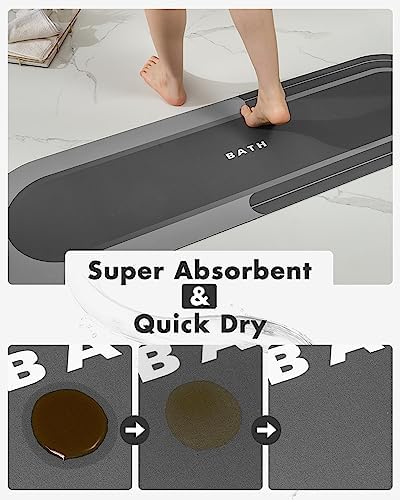 MontVoo Bath Mat Runner - Long Non Slip Absorbent Quick Dry Thin Bath Rug for Bathroom Floor Mat - Rubber Backed - Stain Resistant - Easy Care - Darkgrey 17"x50"