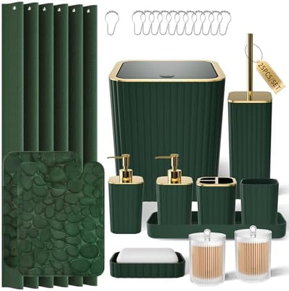 XLHOMO Bathroom Accessory Set - 25PC Green Bathroom Sets, Bathroom Set with Shower Curtain and Rugs, Dark Green Shower Curtain Set, Trash Can, Qtip Holder & Soap Dispenser