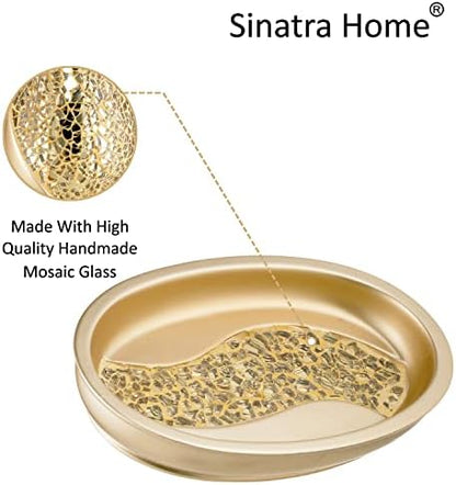 Zahari Home 4pc Sinatra Stylish Bathroom Accessories Set Champagne Gold Soap Dispenser Pump, Tumbler, Tooth Brush Holder and Soap Dish Modern Decor Bling Mosaic Glass Gold Bathroom Accessories
