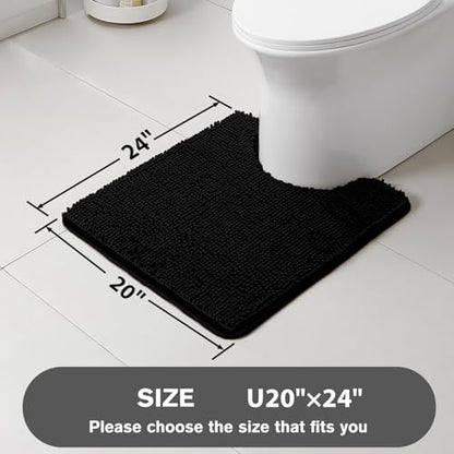 Black Toilet Rug U Shaped – Absorbent and Washable Contour Bathroom Rugs for Toilet, Non-Slip, Thick Soft Chenille Contoured Bath Mat - 20" x 24"