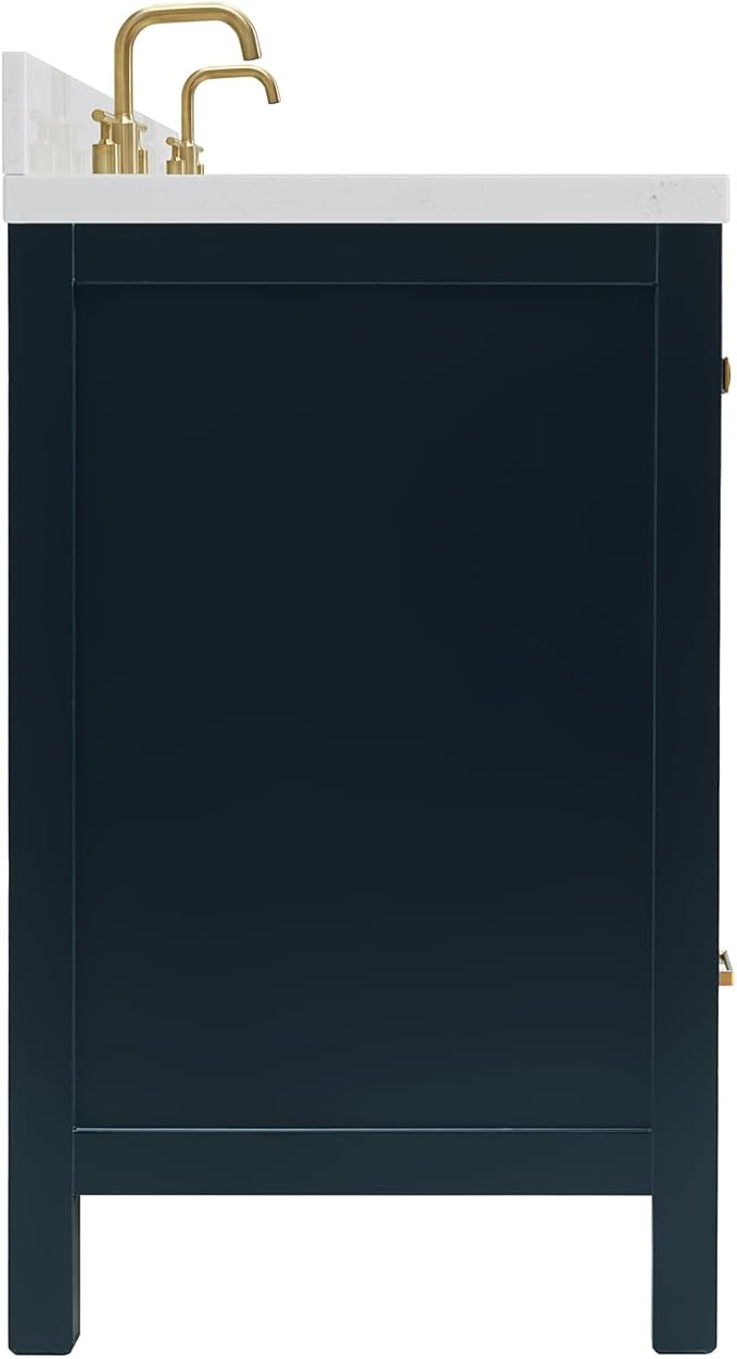 ARIEL Cambridge 66-inch Bathroom Vanity with Sink,Solid Wood, 1.5-inch Carrara White Quartz Countertop, Double Oval Porcelain Sink, 4 Soft Closing Doors, 6 Dovetail Drawers, Midnight Blue