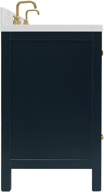 ARIEL Cambridge 66-inch Bathroom Vanity with Sink,Solid Wood, 1.5-inch Carrara White Quartz Countertop, Double Rectangular Porcelain Sink, 4 Soft Closing Doors, 6 Dovetail Drawers, Midnight Blue