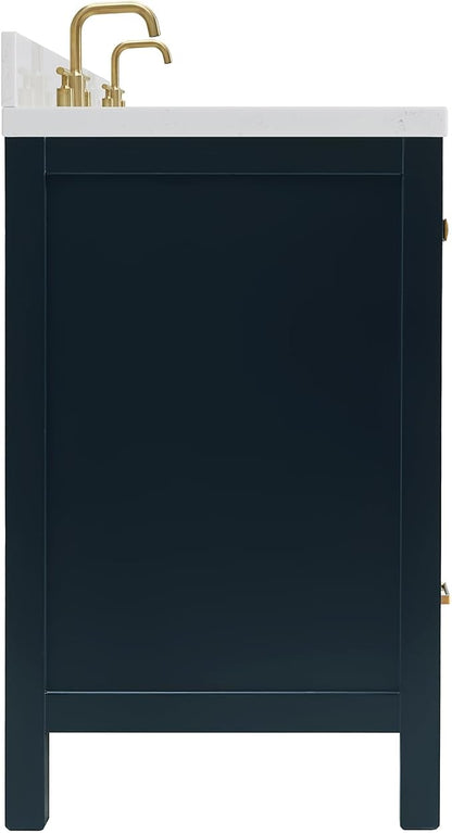 ARIEL Cambridge 72-inch Bathroom Vanity with Sink,Solid Wood, 1.5-inch Carrara White Quartz Countertop, Double Rectangular Porcelain Sink, 4 Soft Closing Doors, 6 Dovetail Drawers, Midnight Blue