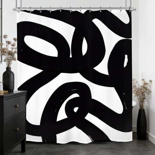 Abstract Black White Shower Curtain 60Wx72L Inch Modern Minimalist Geometric Contemporary Geometric Line Neutral Simple Bathroom Set Accessories Decor with 12 Pack Hooks