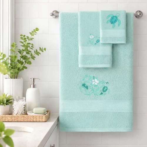 3 Pcs Rustic Sea Turtle Bathroom Towel Set Farmhouse Embroidered Sea Turtle Towels Vintage Decorative 100% Cotton Bath Towel Highly Absorbent Elegant Summer Decor Set for Bathroom