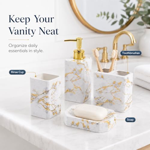 4 Piece Bathroom Accessories Set - White Bathroom Accessory Sets Includes Lotion Dispenser, Toothbrush Holder Tumbler, and Soap Dish - Glossy Finish (Marble, White)