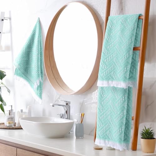 HunnmingRe 4 Pack Boho Hand Towel for Kitchen, Teal,White