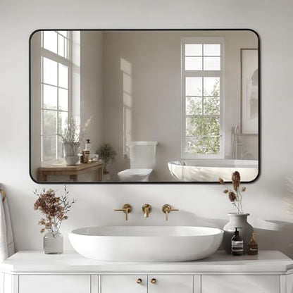 Antok Bathroom Mirror, 48"x32" Wall Mirror, Decorative Mirrors Vanity Mirror Aluminum Alloy Frame Contemporary Rectangular Hanging Mirror for Living Room Bathroom Entryway,Black,Round Corner