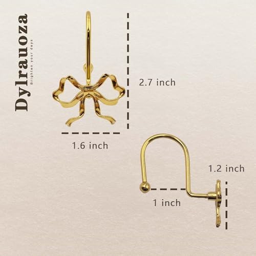 Gold Bow Shower Curtain Hooks, 12 Pack Coquette Bathroom Decor, Decorative Metal Rust Proof Shower Curtain Rings for Feminine, Vintage & Luxury Bathroom Aesthetic
