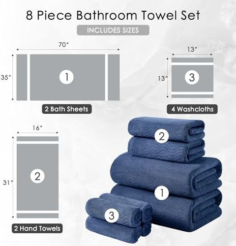 8 Piece Bath Towel Set Navy |2 Oversized Large Bath Sheet,2 Hand Towels,4 Washcloths| Ultra Soft Cozy Bath Towel Set for Bathroom Hotel Gym Spa,Highly Absorbent & Quick Dry Bathroom Towel Collections