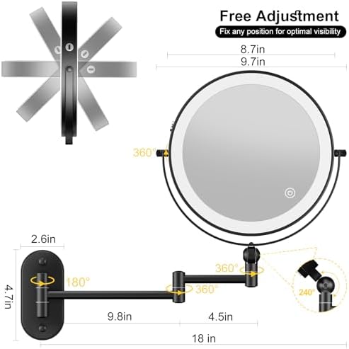 9" Wall Mounted Lighted Makeup Mirror,4000mAh Rechargeable Double Sided 1X/10X Magnifying Mirror with Light,3 Color Lights,Touch Dimmable,Extended Arm 360 Rotation Wall Mounted Makeup Mirror
