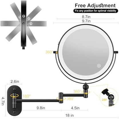 9" Wall Mounted Lighted Makeup Mirror,4000mAh Rechargeable Double Sided 1X/10X Magnifying Mirror with Light,3 Color Lights,Touch Dimmable,Extended Arm 360 Rotation Wall Mounted Makeup Mirror