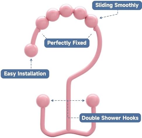Titanker Shower Curtain Hooks Rings, Rust-Resistant Metal Double Glide Shower Hooks for Bathroom Shower Rods Curtains, Set of 12 Hooks - Light Pink
