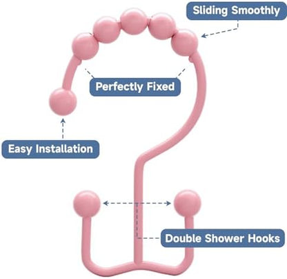 Titanker Shower Curtain Hooks Rings, Rust-Resistant Metal Double Glide Shower Hooks for Bathroom Shower Rods Curtains, Set of 12 Hooks - Light Pink
