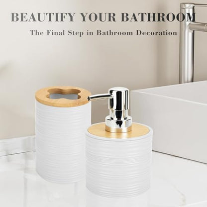 2PCS White Bathroom Set, Soap Dispenser, Dish & Bamboo Holder, Rustic