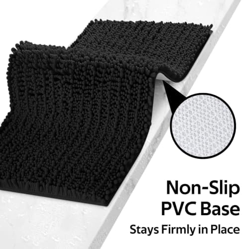 ACCUMTEK Upgrade Luxury 2 Piece Black Toilet Bathroom Rug Mat 48"x20"+24"x17", Ultra Soft Thick Absorbent Bath Mats, Non Slip Chenille Toilet Mat for Bathroom, Bedroom, Kitchen, Shower, Tub