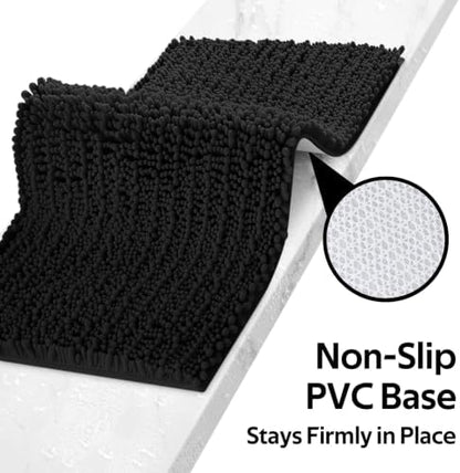 ACCUMTEK Upgrade Luxury 2 Piece Black Toilet Bathroom Rug Mat 48"x20"+24"x17", Ultra Soft Thick Absorbent Bath Mats, Non Slip Chenille Toilet Mat for Bathroom, Bedroom, Kitchen, Shower, Tub