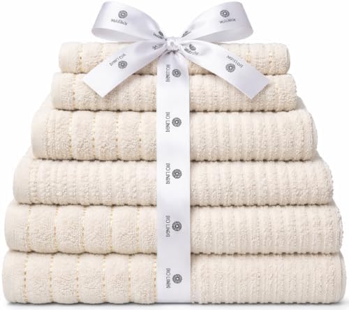 BIOLINEN Ivory 6 Piece Towel Set, 2 Bath Towels 2 Hand Towels 2 Washcloths, 100% Cotton Soft Absorbent Towel Sets for Bathroom Home Gym Spa Travel