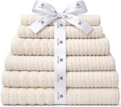 BIOLINEN Ivory 6 Piece Towel Set, 2 Bath Towels 2 Hand Towels 2 Washcloths, 100% Cotton Soft Absorbent Towel Sets for Bathroom Home Gym Spa Travel