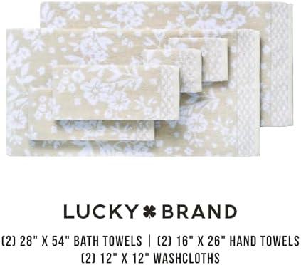 Lucky Brand Folk Floral 6 Piece Bath Towel Set - (2) Bath Towels, (2) Hand Towels, and (2) Washcloths - Beige Taupe Premium Bathroom Towel Set