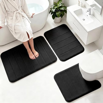 Memory Foam Bath Mat Set 3 Piece，Super Soft Absorbent Bathroom Rug Non Slip, Quick Dry,Machine Wash, Perfect Plush Bathroom Rugs,Home Decor Accessories,Black