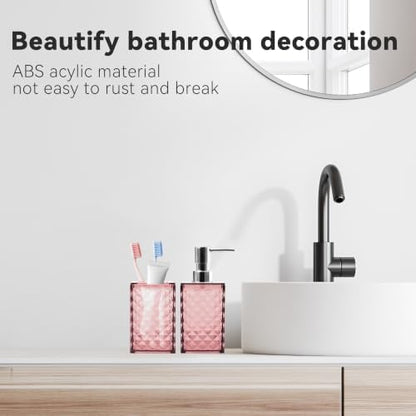 2 Piece Bathroom Accessory Set, Pink Soap Dispenser and Toothbrush Holder