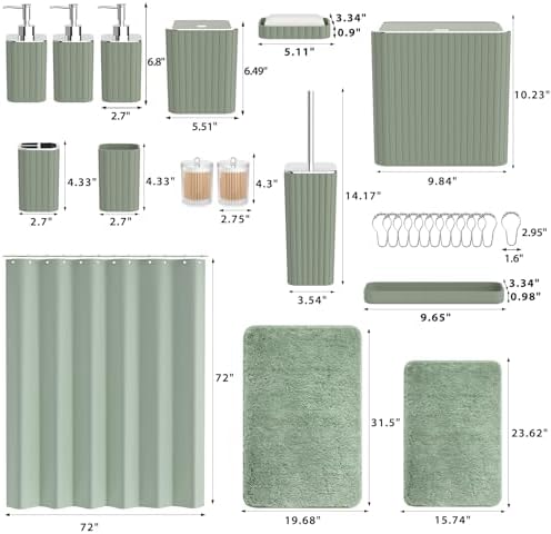 Bathroom Accessory Set - Bathroom Sets with Shower Curtain and Rugs, Sage Green Bathroom Set, 27PC Bathroom Accessories Set, Mini Trash Can, Toilet Brush, Trash Can & Soap Dispenser