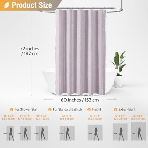BTTN 60x72 Boho Farmhouse Linen Heavy Duty Shower Curtain Set, Lavender