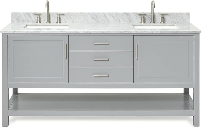 ARIEL Bayhill 72-inch Bathroom Vanity with Sink,Solid Wood, 0.75-inch Italian Carrara Marble Countertop, Double Rectangular Porcelain Sink, 2 Soft Closing Doors, 3 Dovetail Drawers, Grey
